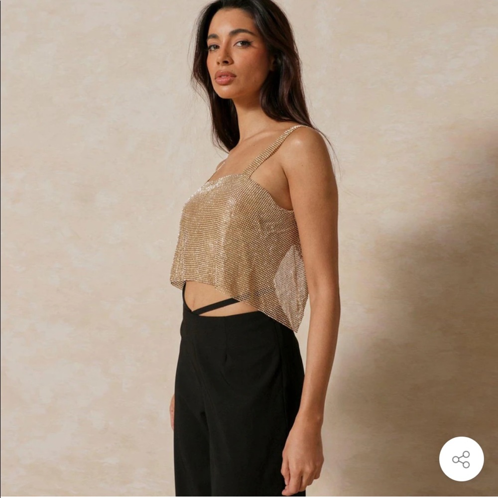Sparkly Rhinestone Square Neck Crop Metal Tank Top - Gold